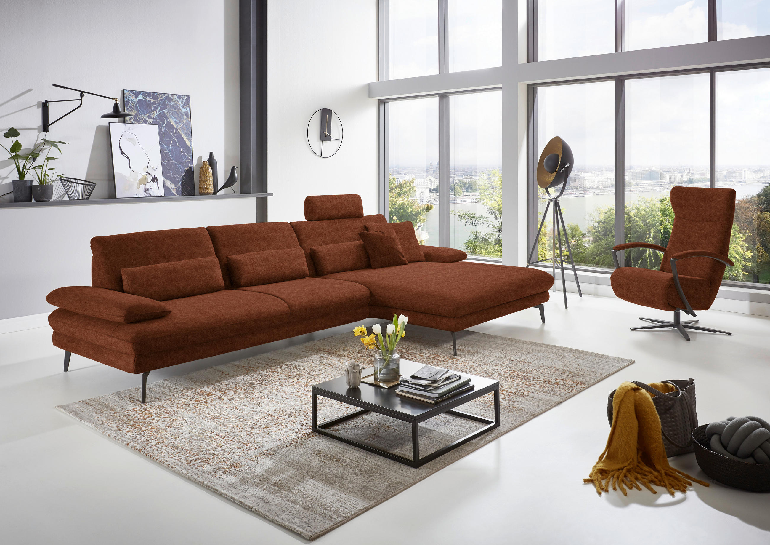 ECKSOFA in Velours Kupferfarben  - Schwarz/Kupferfarben, Design, Textil/Metall (310/180cm) - Dieter Knoll