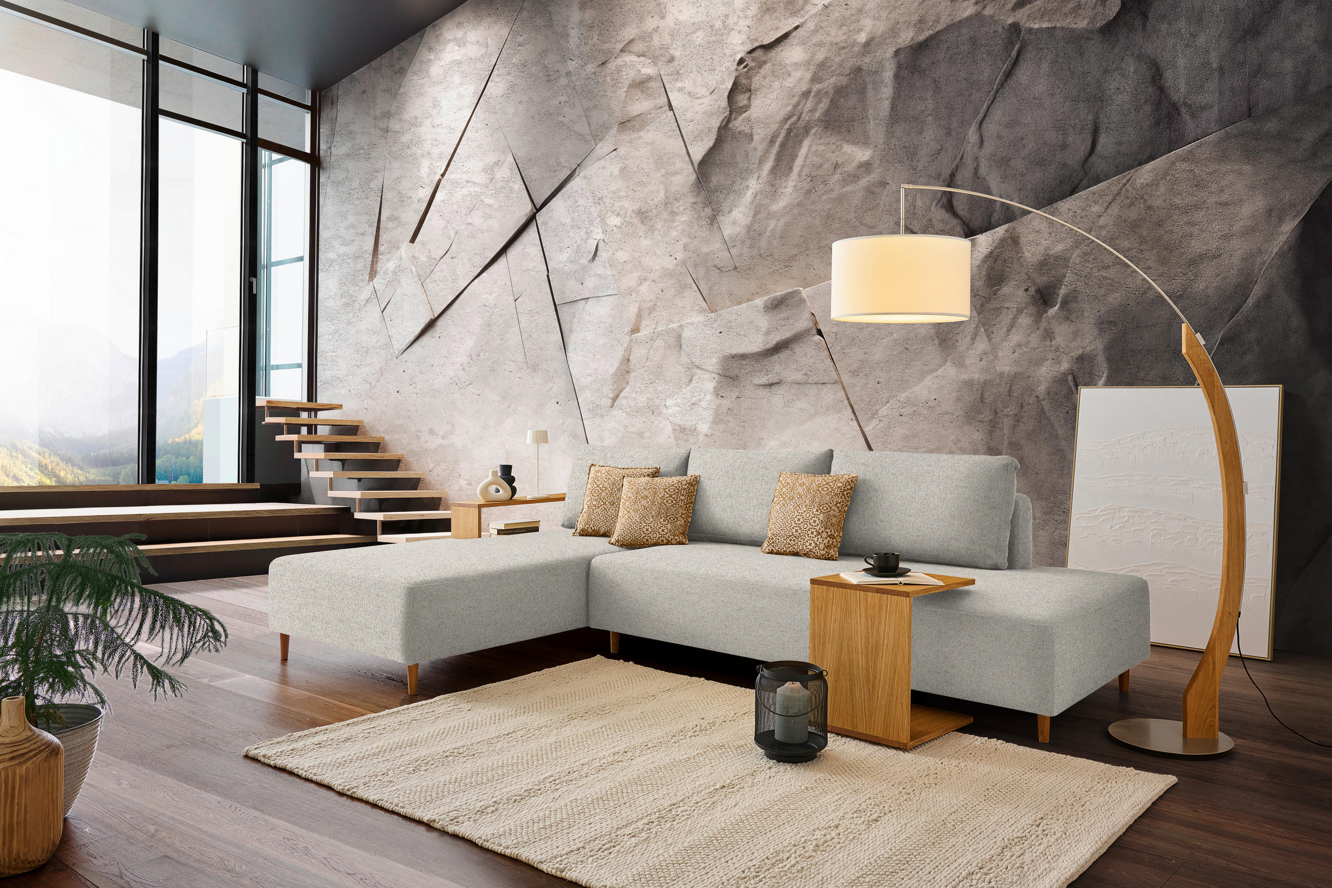 ECKSOFA in Flachgewebe Ecru  - Ecru/Eichefarben, Design, Holz/Textil (190/307cm) - Joka
