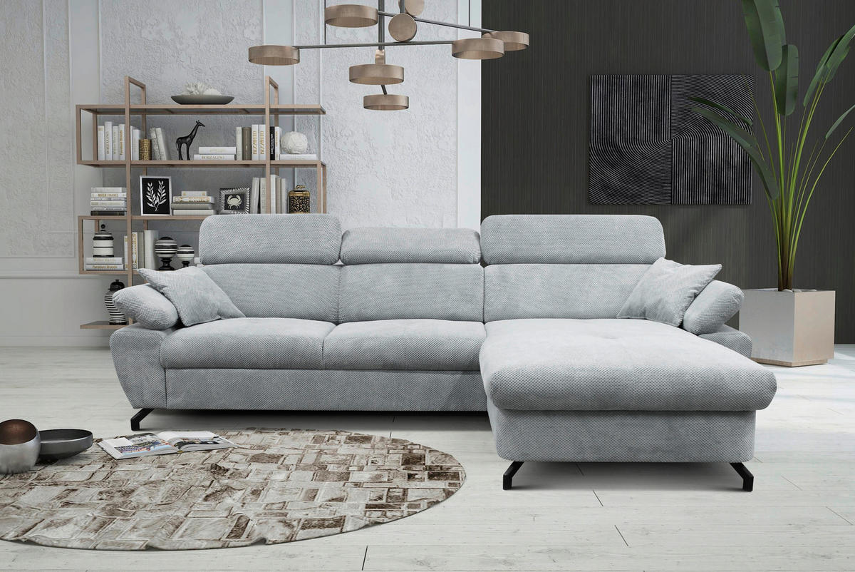ECKSOFA OMEGA Grau Chenille Zierkissen, Bettkasten  - Schwarz/Grau, Design, Textil/Metall (280/186cm) - MID.YOU