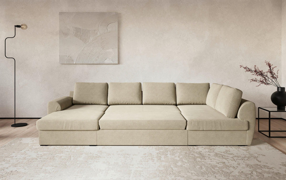 SJEDEĆA GARNITURA tekstil  bež   - bež/crna, Trend, tekstil/plastika (154/327/86cm) - MID.YOU