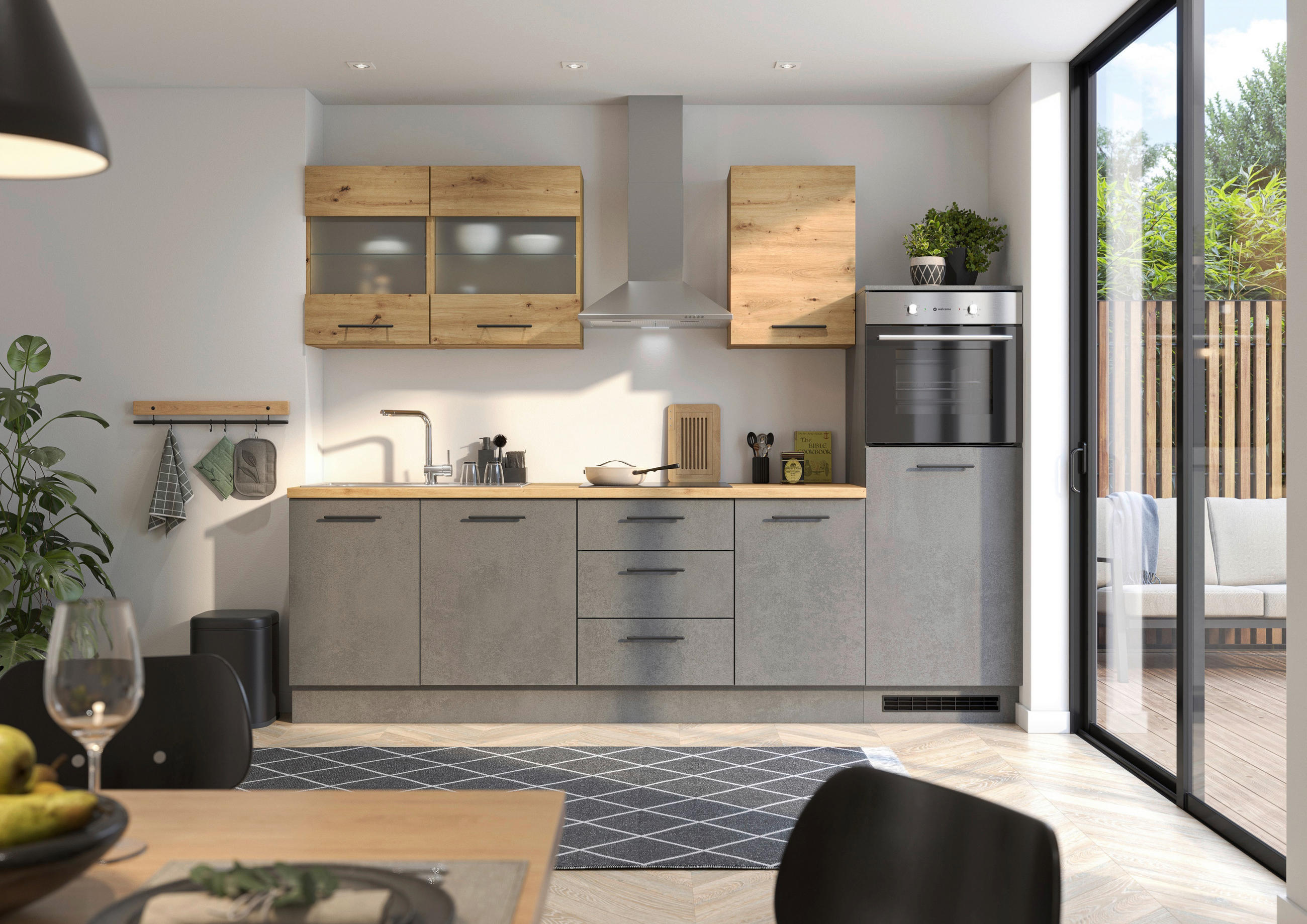 P & B Küchenblock Capri Dunkelgrau, Eiche Artisan 280 cm
