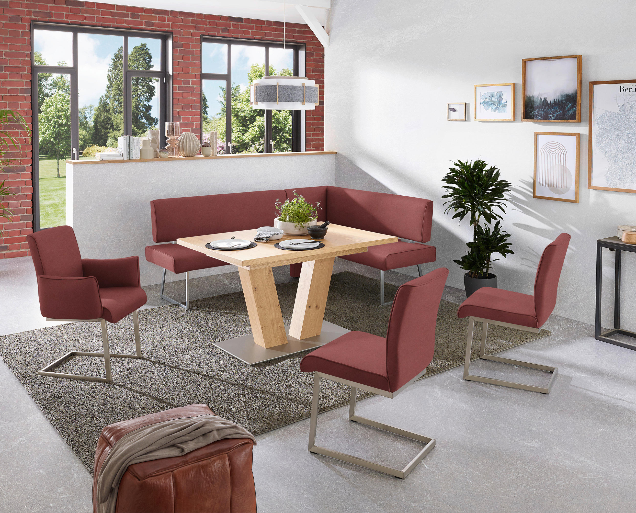 ECKBANK 208/160 cm  in Edelstahlfarben, Bordeaux  - Edelstahlfarben/Bordeaux, Design, Textil/Metall (208/160cm) - Dieter Knoll