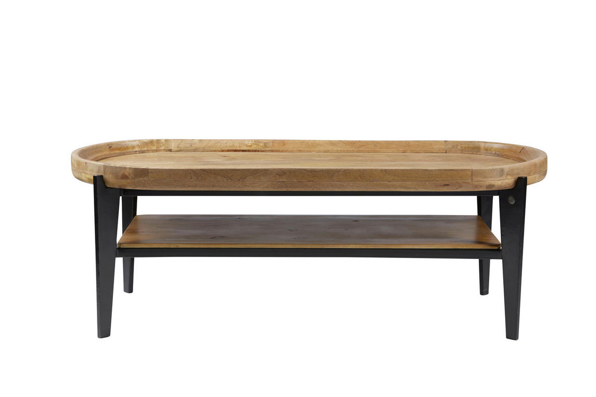 COUCHTISCH Mangoholz massiv 120/50/40 cm oval Naturfarben, Schwarz  - Schwarz/Naturfarben, Design, Holz/Metall (120/50/40cm) - MID.YOU