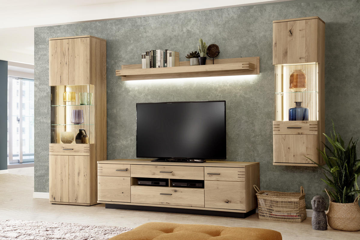 WOHNWAND  305/208/50 cm  in Eichefarben  - Eichefarben/Anthrazit, Design, Glas/Holz (305/208/50cm) - Livetastic