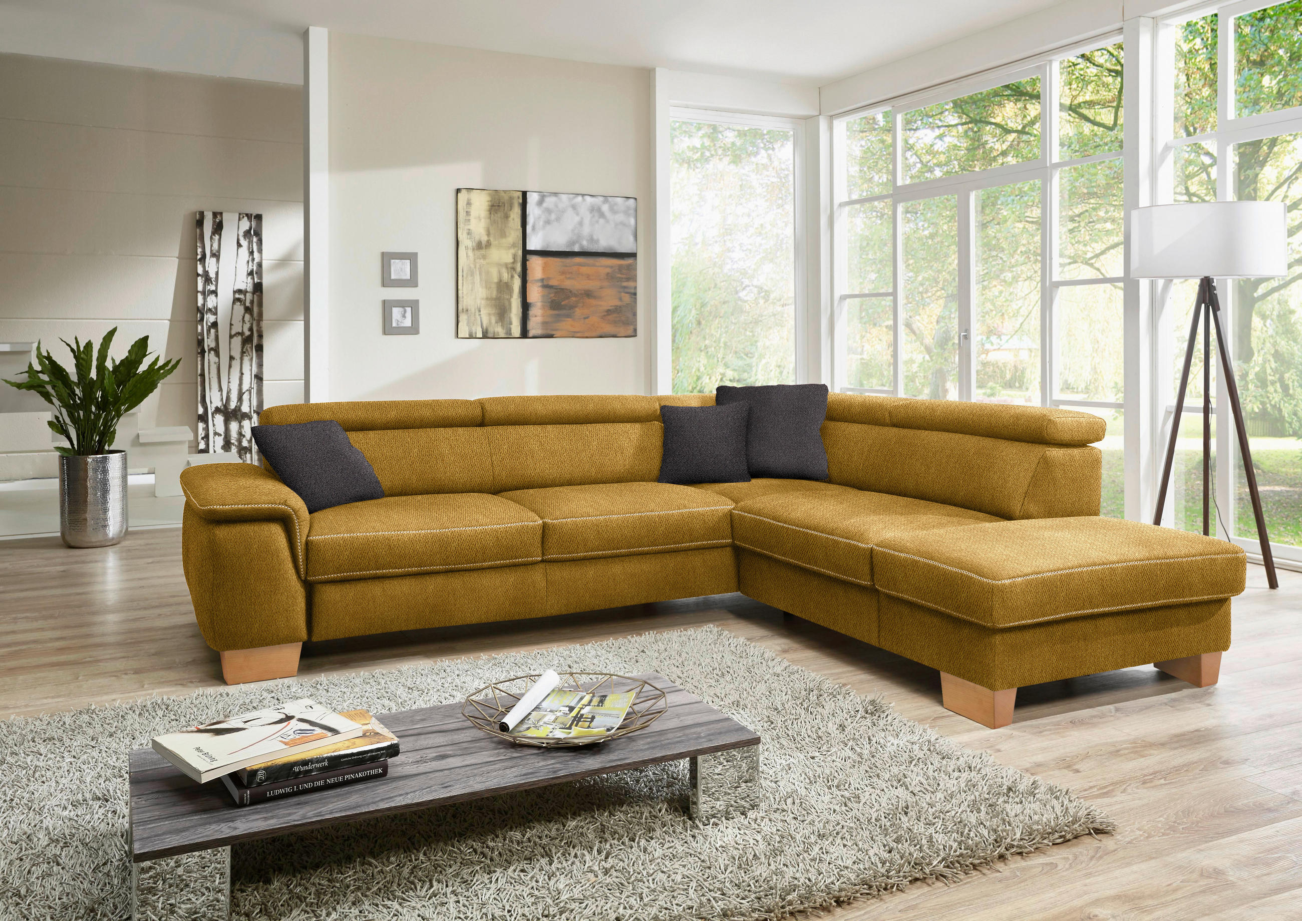 ECKSOFA in Mikrofaser Currygelb  - Currygelb/Eichefarben, Natur, Holz/Textil (273/226cm) - Beldomo System