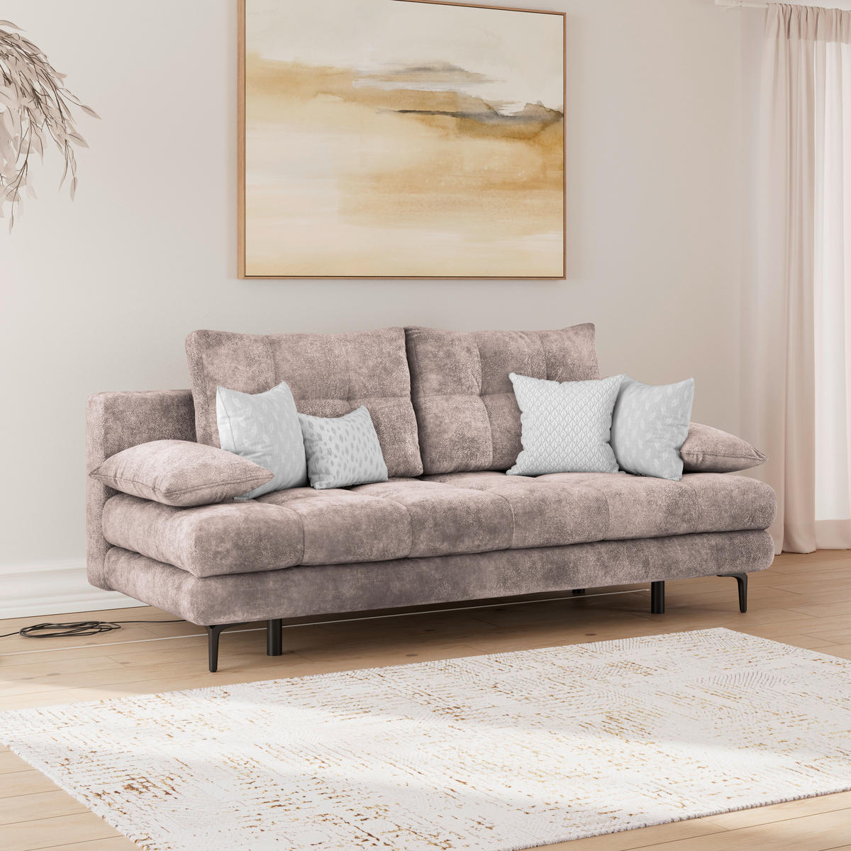 SCHLAFSOFA  mit Liegefunktion, Schlafen auf Sitzhöhe, Rücken echt Chenille Rosa  - Schwarz/Rosa, KONVENTIONELL, Textil/Metall (203/94/96cm) - Carryhome