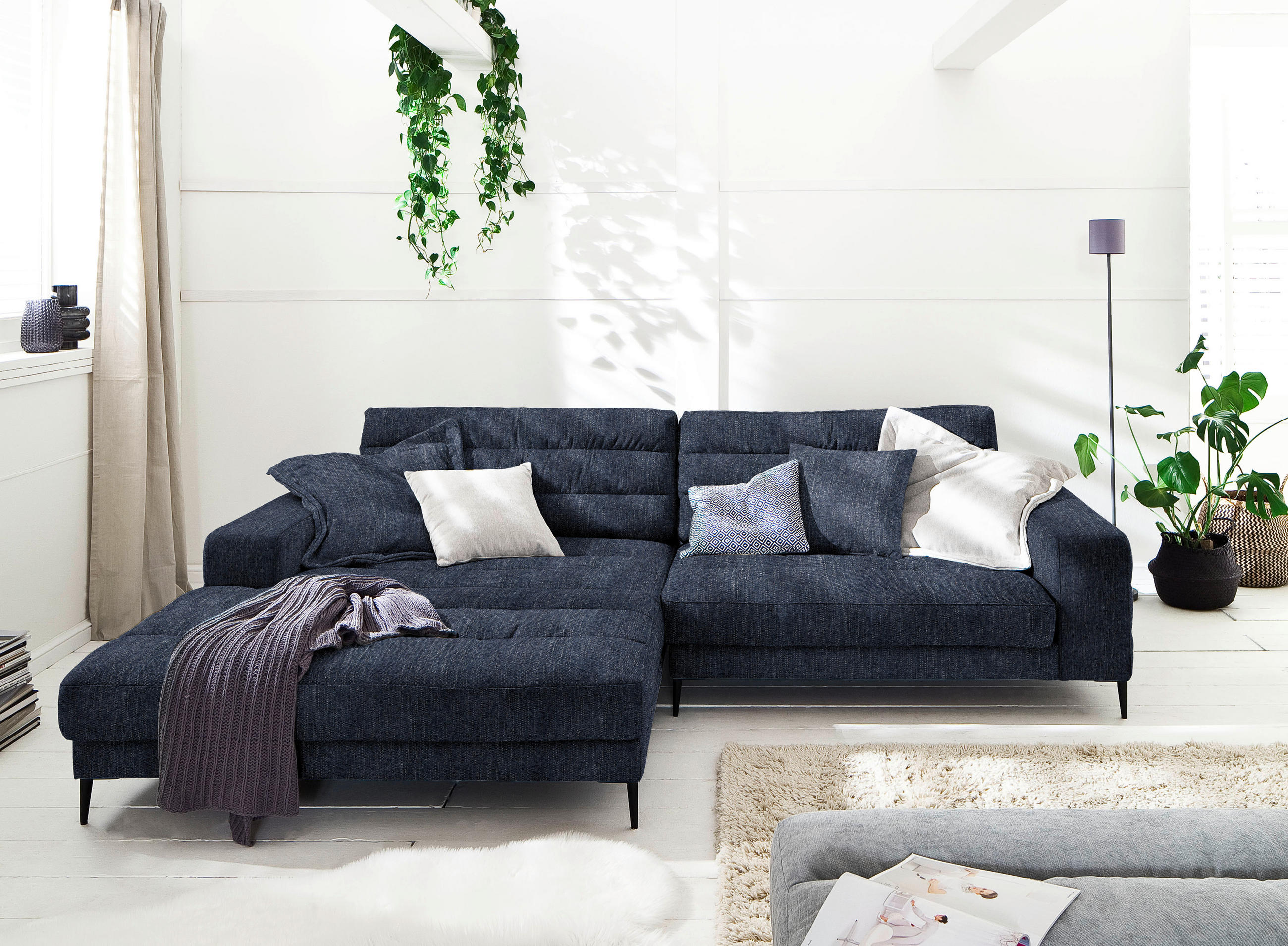 ECKSOFA in Flachgewebe Dunkelblau  - Schwarz/Dunkelblau, Design, Textil/Metall (207/296cm) - Dieter Knoll