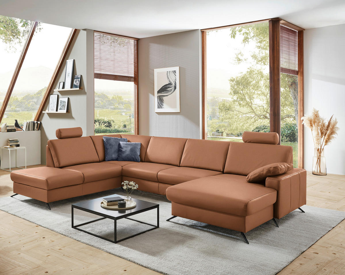 WOHNLANDSCHAFT in Echtleder Beigebraun  - Beigebraun/Schwarz, Design, Leder/Metall (233/339/165cm) - Beldomo Premium