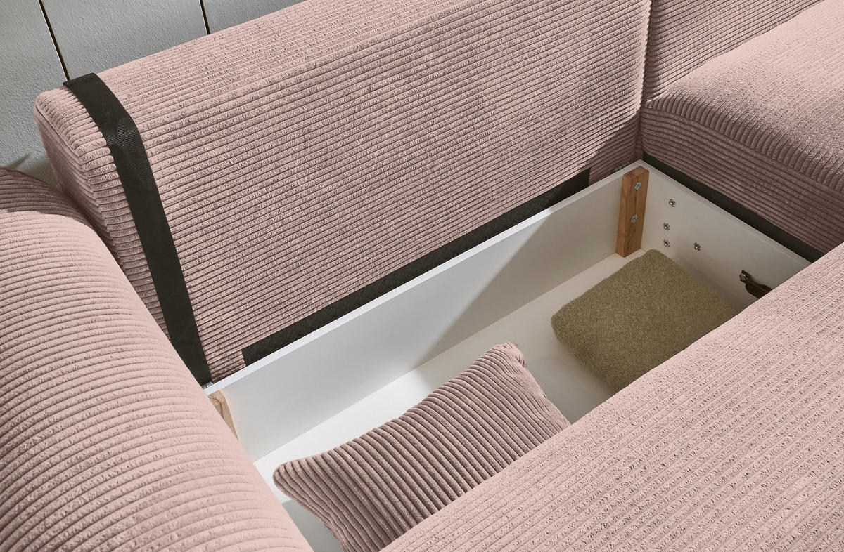 ECKSOFA in Cord Rosa  - Schwarz/Rosa, Konventionell, Kunststoff/Textil (255/185cm) - MID.YOU