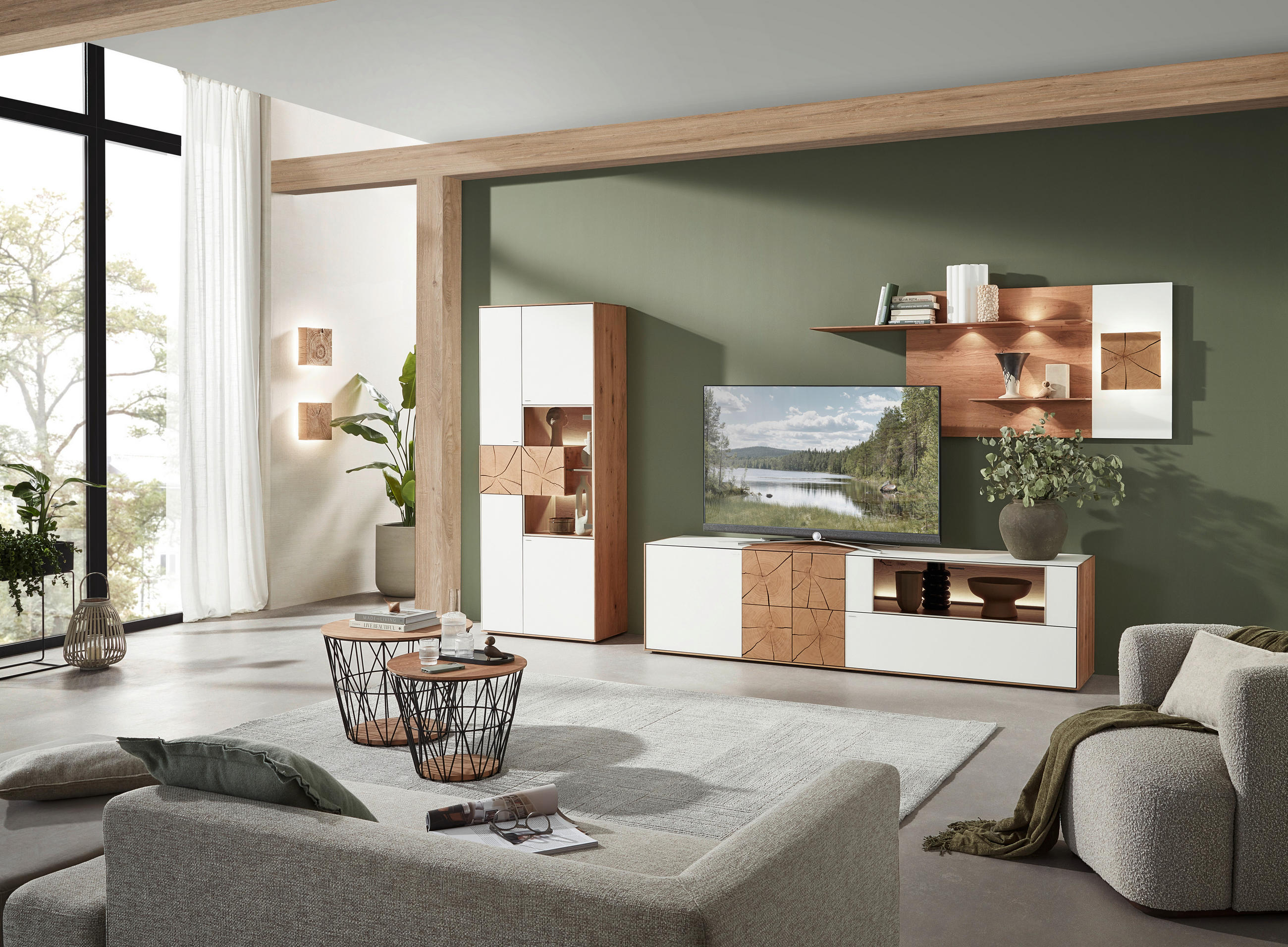 WOHNWAND  in Weiss, Eichefarben 271/196/49 cm  - Weiss/Eichefarben, Design, Glas/Holz (271/196/49cm) - Valnatura