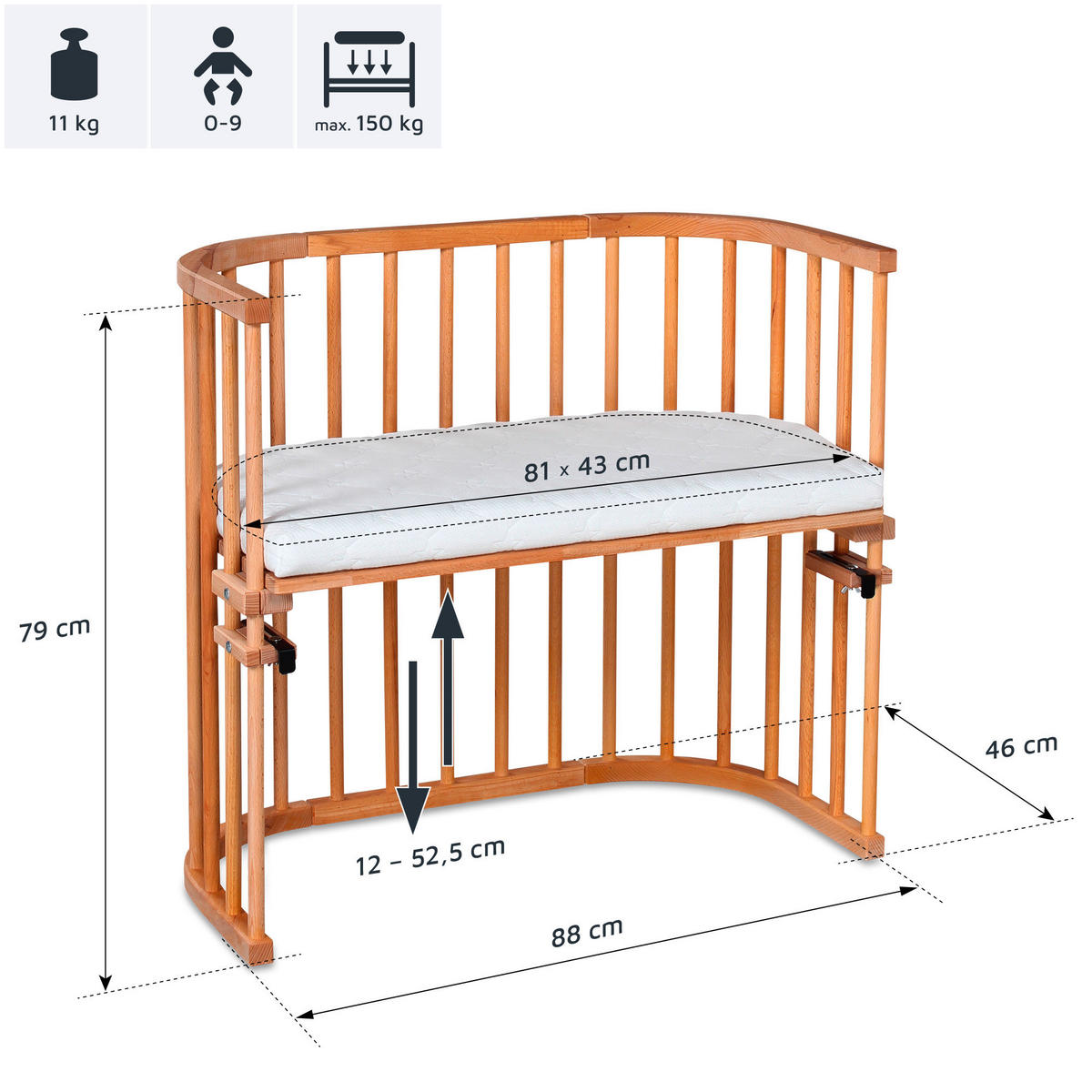 BEISTELLBETT  87/46/79 cm  - Kernbuche, Basics, Holz (87/46/79cm) - Babybay