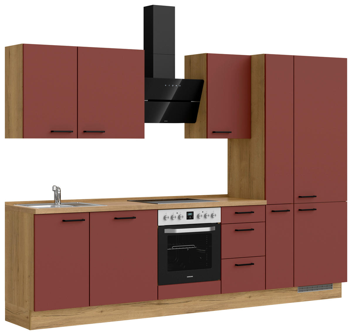 KÜCHENBLOCK Easytouch 300 cm  in Eichefarben, Dunkelrot  - Eichefarben/Schwarz, MODERN, Holzwerkstoff/Metall (300cm) - Nobilia