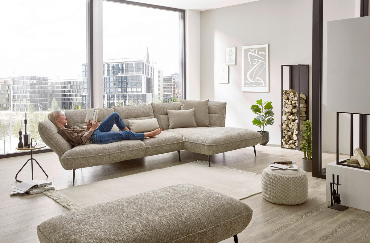 ECKSOFA in Flachgewebe Taupe  - Taupe/Schwarz, Design, Textil/Metall (339/153cm) - Moderano