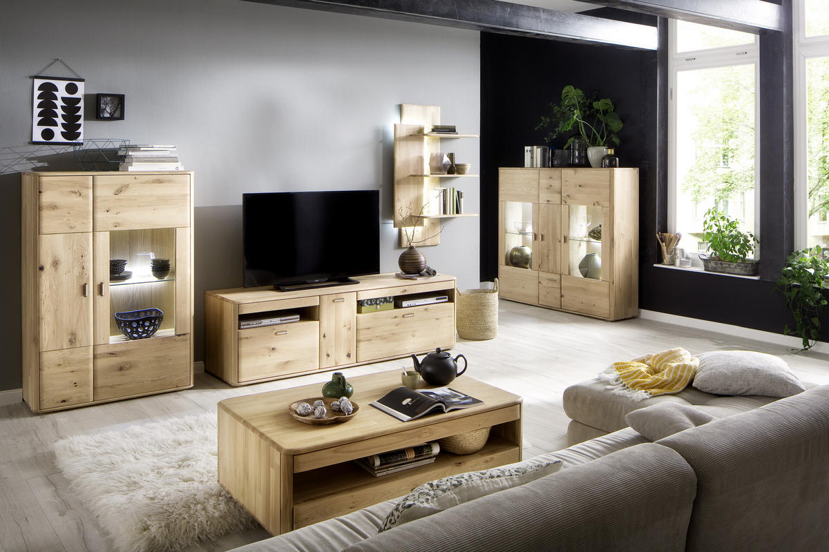 WOHNWAND  in Eichefarben 340/194/50 cm  - Eichefarben/Silberfarben, Design, Glas/Holz (340/194/50cm) - Livetastic