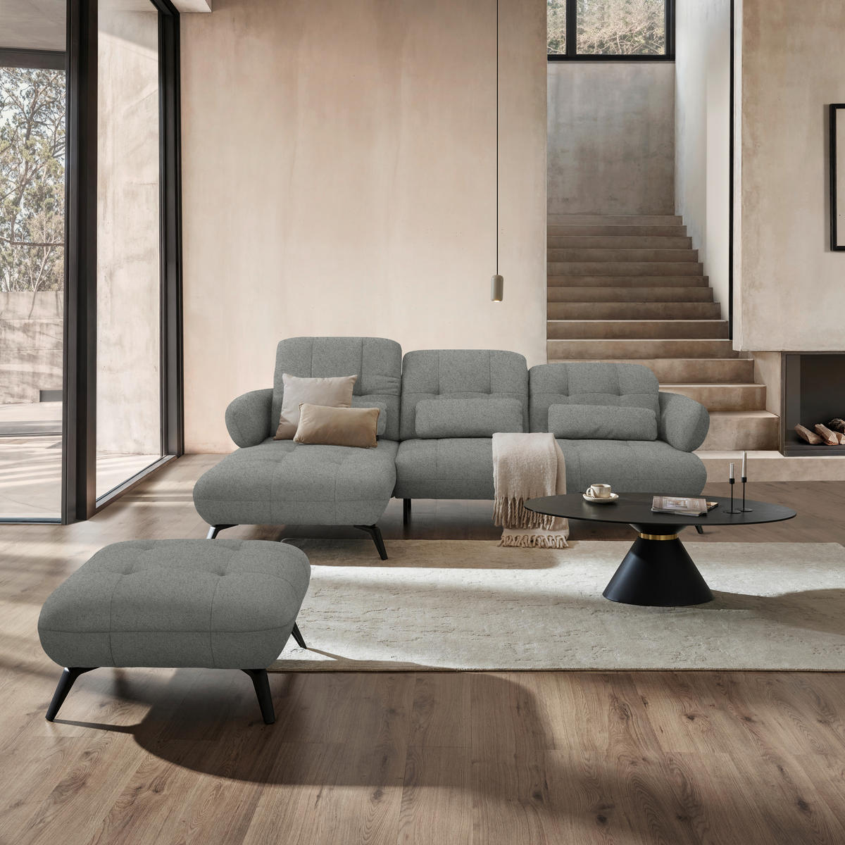 ECKSOFA Chenille Hellgrau  - Hellgrau/Schwarz, Modern, Textil/Metall (180/282cm) - Novel