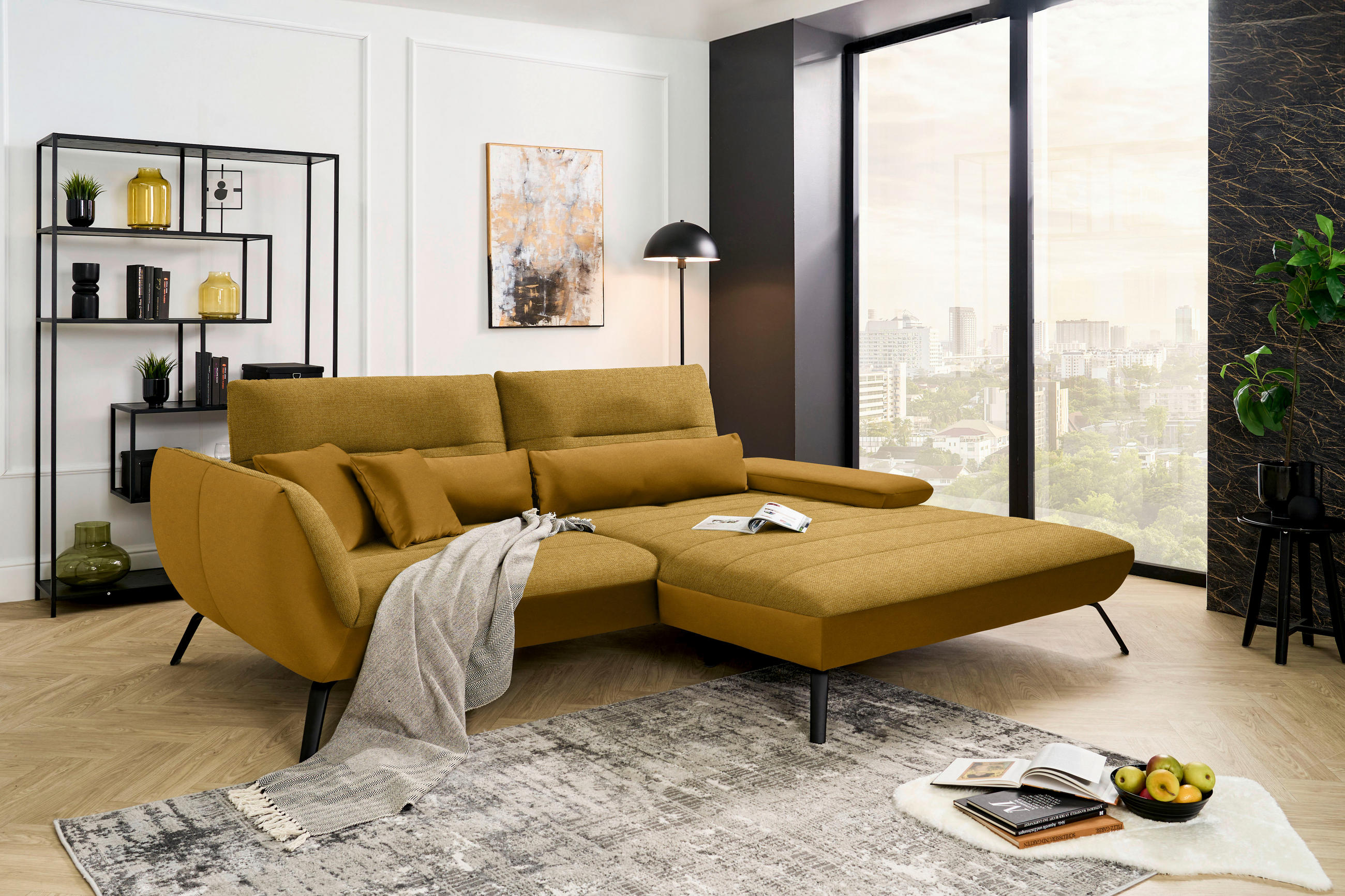 ECKSOFA in Webstoff Currygelb  - Currygelb/Schwarz, Konventionell, Textil/Metall (273/191cm) - Carryhome