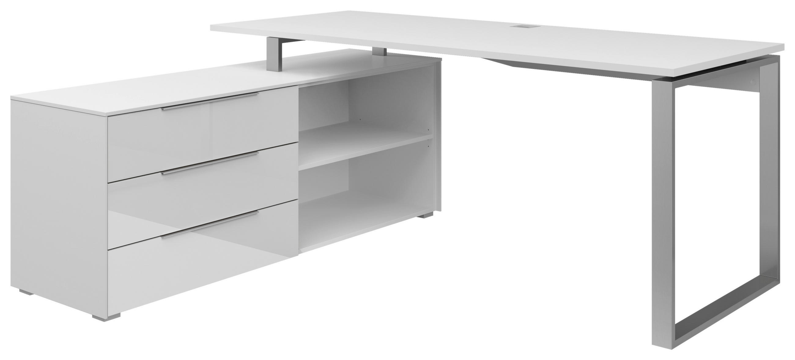 ECKSCHREIBTISCH 159/184/77 cm  in Weiß  - Silberfarben/Weiß, KONVENTIONELL, Glas/Holzwerkstoff (159/184/77cm) - Voleo
