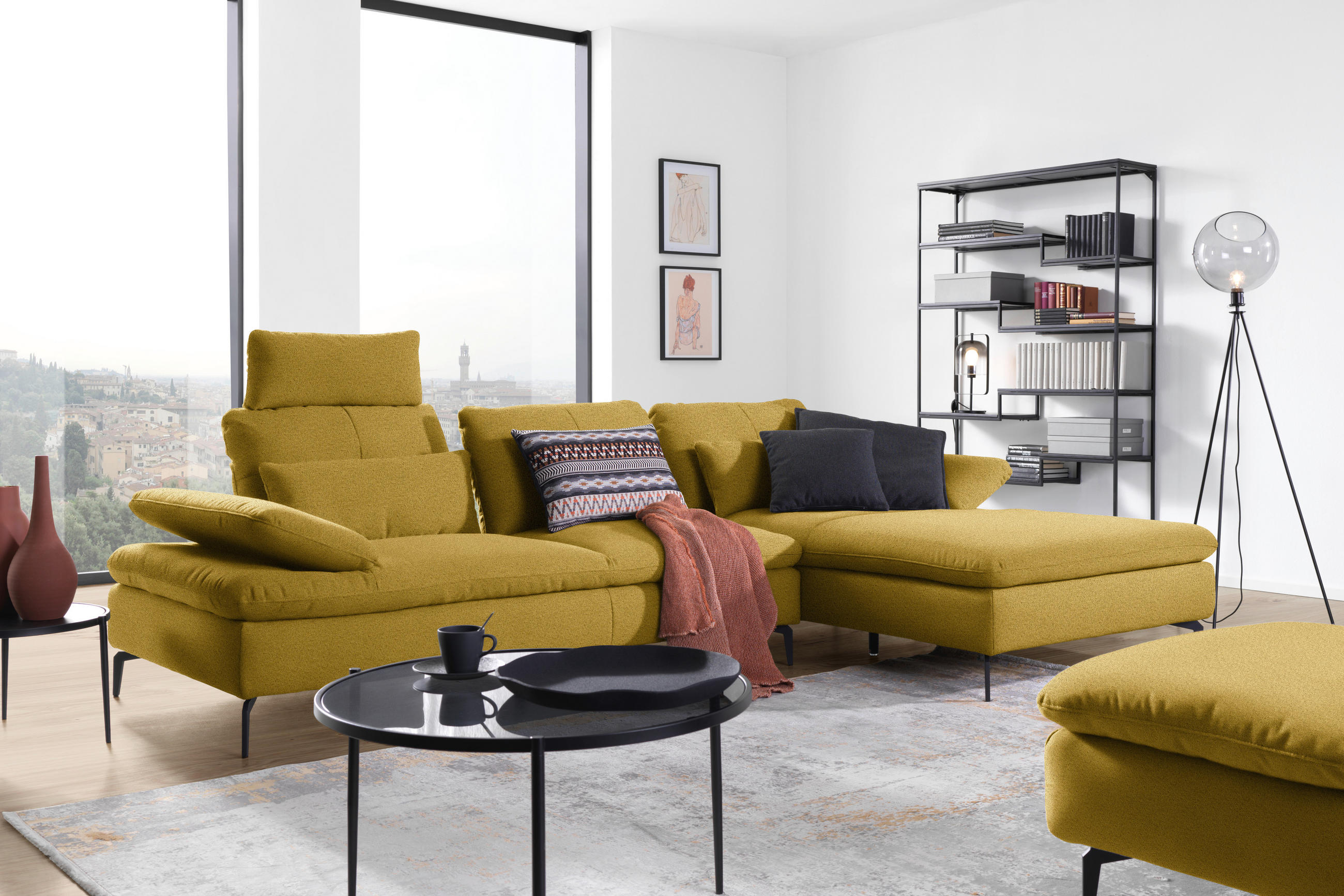 ECKSOFA in Webstoff Gelb, Hellgrün  301/179 cm  - Gelb/Schwarz, Design, Textil/Metall (301/179cm) - Chilliano