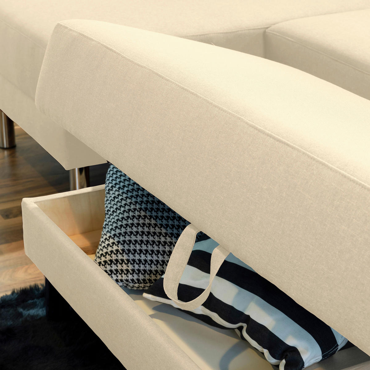 ECKSCHLAFSOFA inkl. Hocker in Beige Textil   - Chromfarben/Beige, Konventionell, Textil/Metall (152/230cm) - Max Winzer