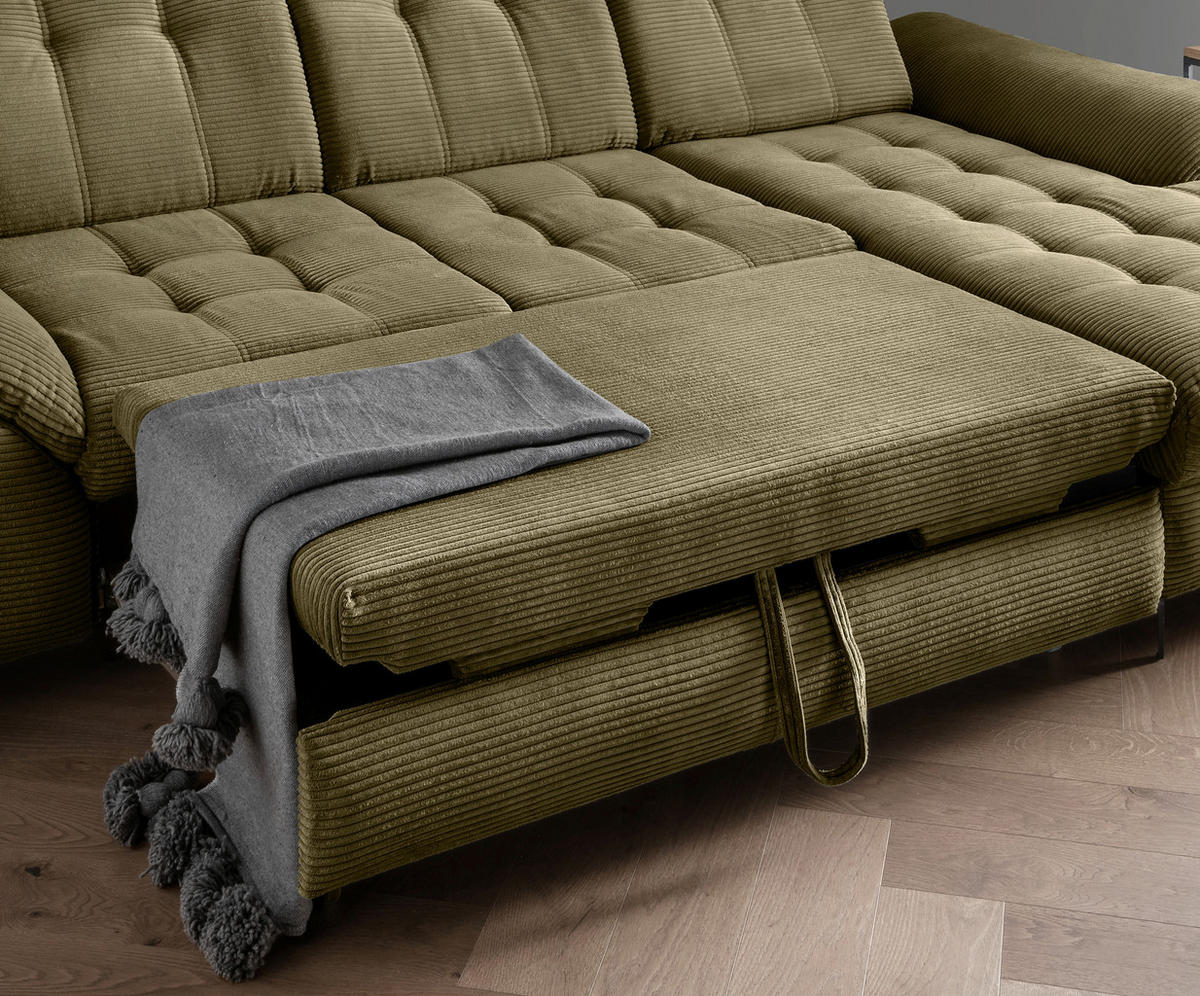 ECKSCHLAFSOFA in Cord Olivgrün  - Schwarz/Olivgrün, Modern, Textil/Metall (273/189cm) - Livetastic