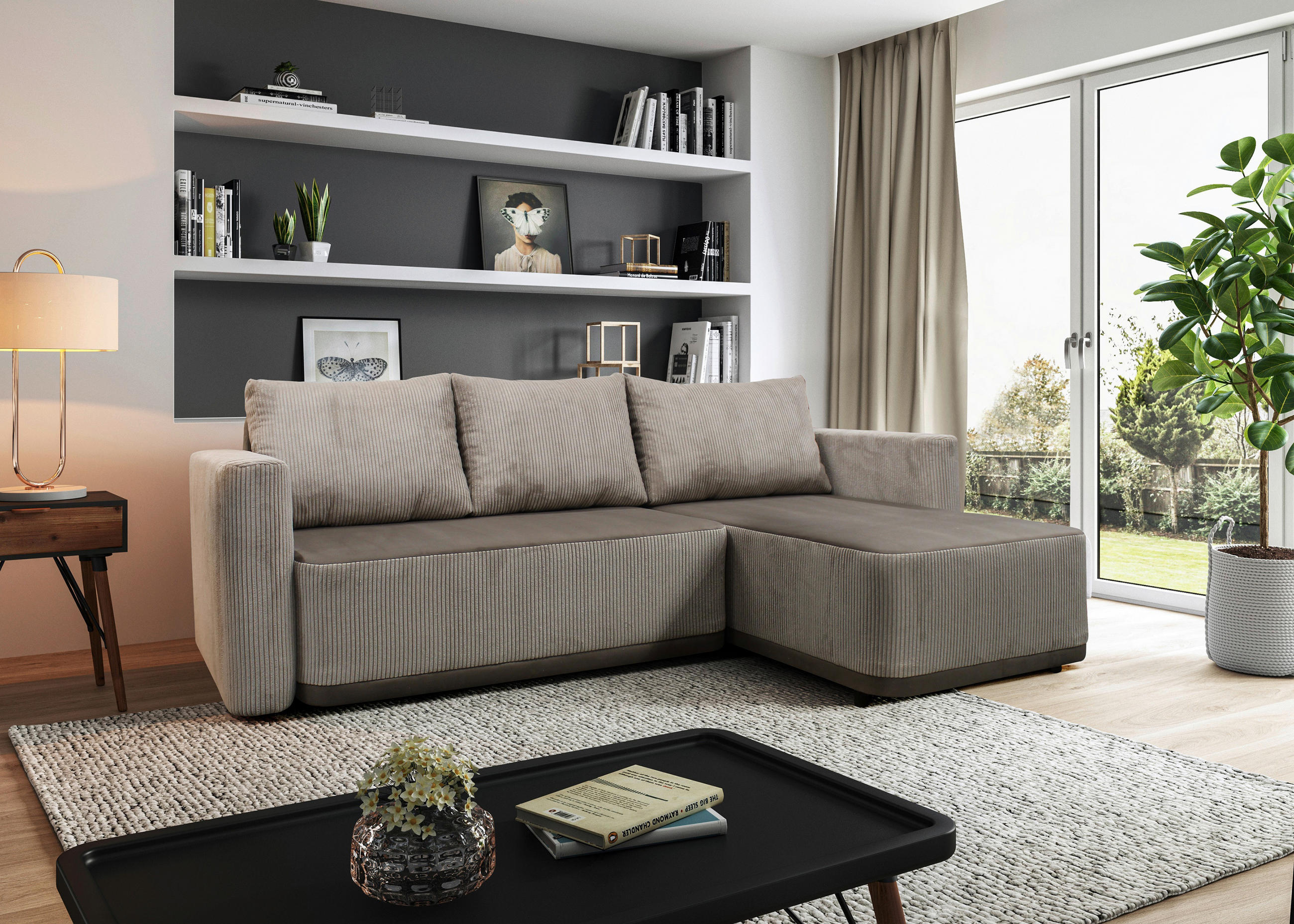 ECKSOFA STELLA Taupe Plüsch Rückenkissen, Bettkasten  - Taupe/Schwarz, Design, Kunststoff/Textil (234/166cm) - MID.YOU