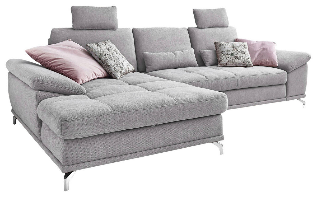 ECKSOFA Silberfarben Flachgewebe Bettkasten, Schlaffunktion, Sitztiefenverstellung, Kopfstütze, Liegefläche im Originalstoff  - Silberfarben, KONVENTIONELL, Textil/Metall (176/301cm) - Sit & More