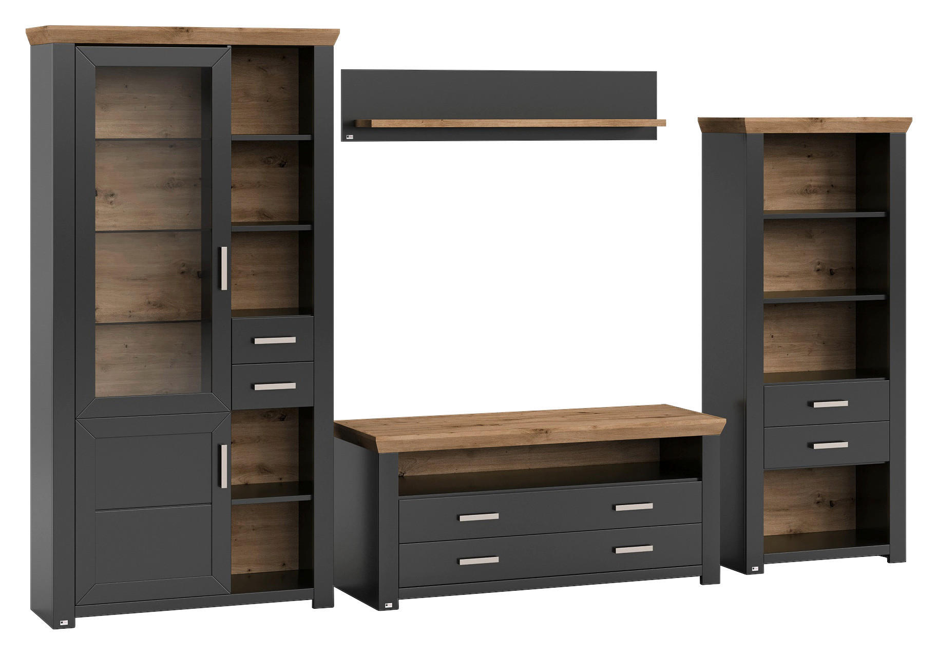 WOHNWAND  in Graphitfarben, Eiche Artisan  340/206,6/51,2 cm  - Graphitfarben/Eiche Artisan, Design, Glas/Holzwerkstoff (340/206,6/51,2cm) - SetOne by Musterring