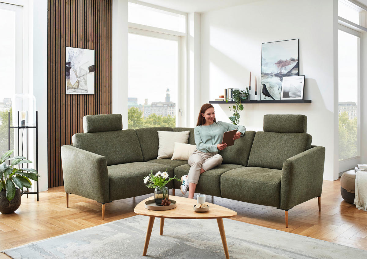 ECKSOFA in Flachgewebe Olivgrün  189/236 cm  - Eichefarben/Olivgrün, Design, Holz/Textil (189/236cm) - Valnatura