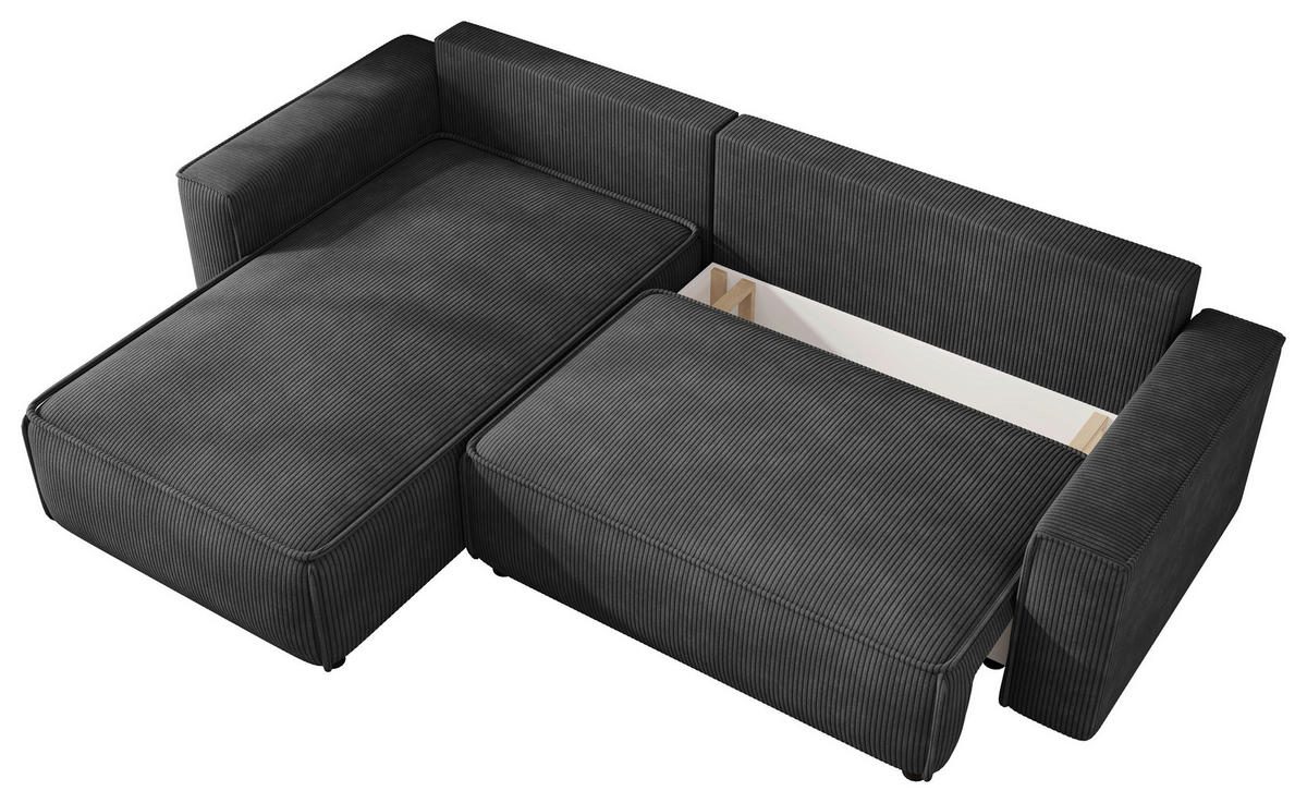 ECKSOFA Anthrazit Cord Zierkissen, Rückenkissen, Bettkasten, Schlaffunktion, Rücken echt, Stauraum, Liegefläche im Originalstoff  - Anthrazit/Schwarz, MODERN, Kunststoff/Textil (190/280cm) - Xora