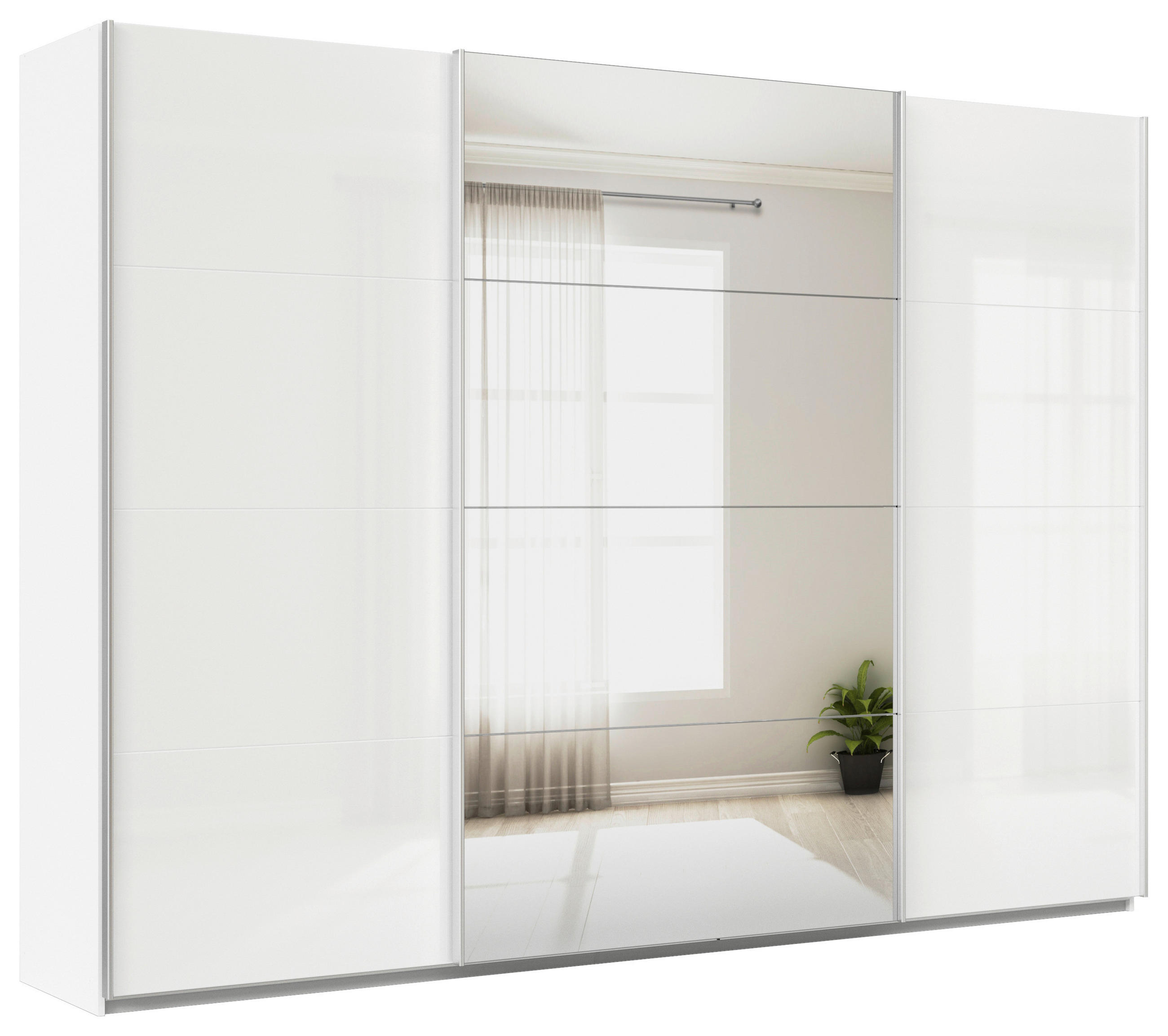 SCHWEBETÜRENSCHRANK  in Weiß, Weiß Hochglanz  - Weiß Hochglanz/Alufarben, KONVENTIONELL, Glas/Holzwerkstoff (315/210/62cm) - Xora