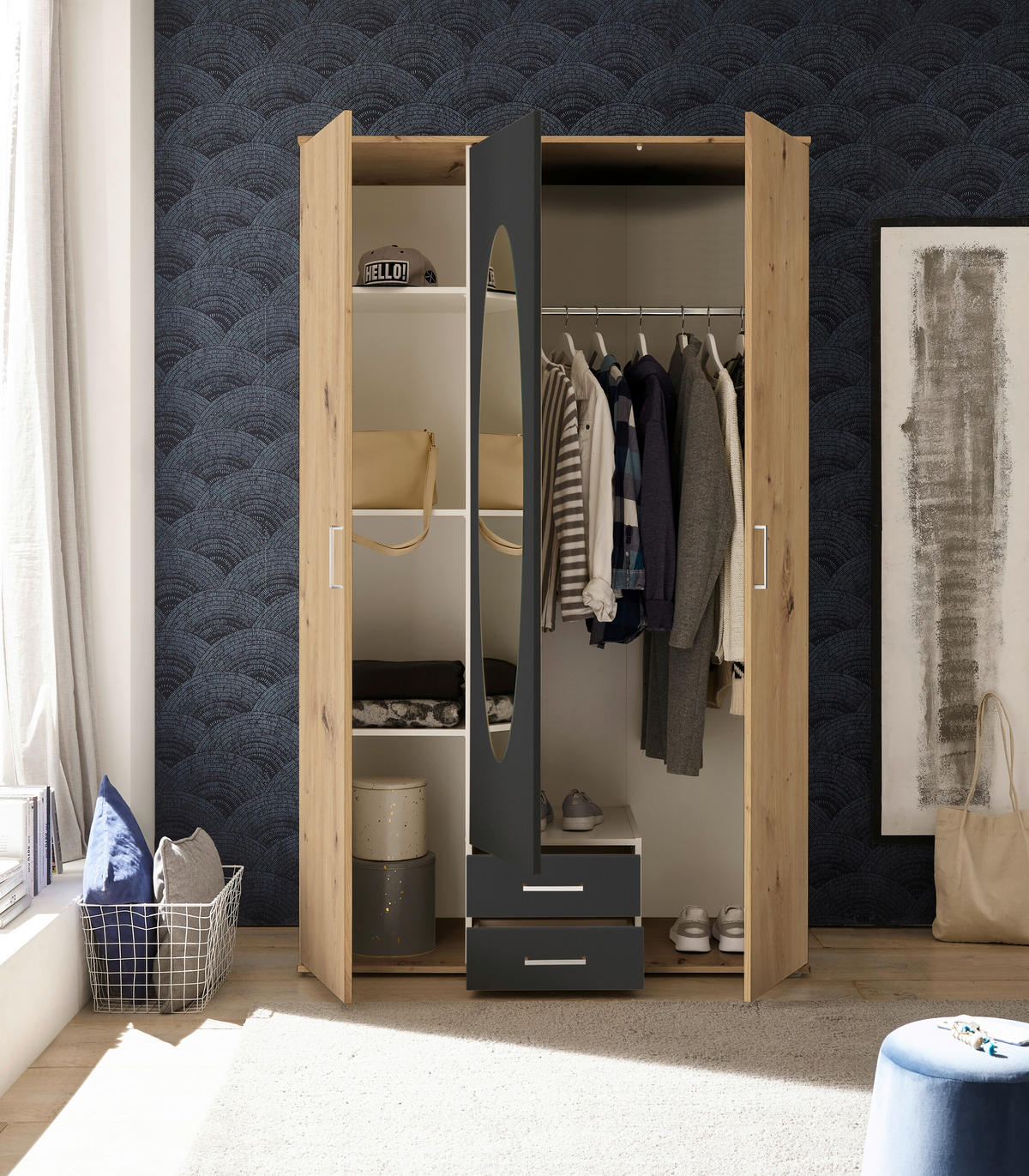 DREHTÜRENSCHRANK 120/195/55 cm 3-türig Graphitfarben, Eiche Artisan  - Graphitfarben/Alufarben, Basics, Glas/Holzwerkstoff (120/195/55cm) - P & B