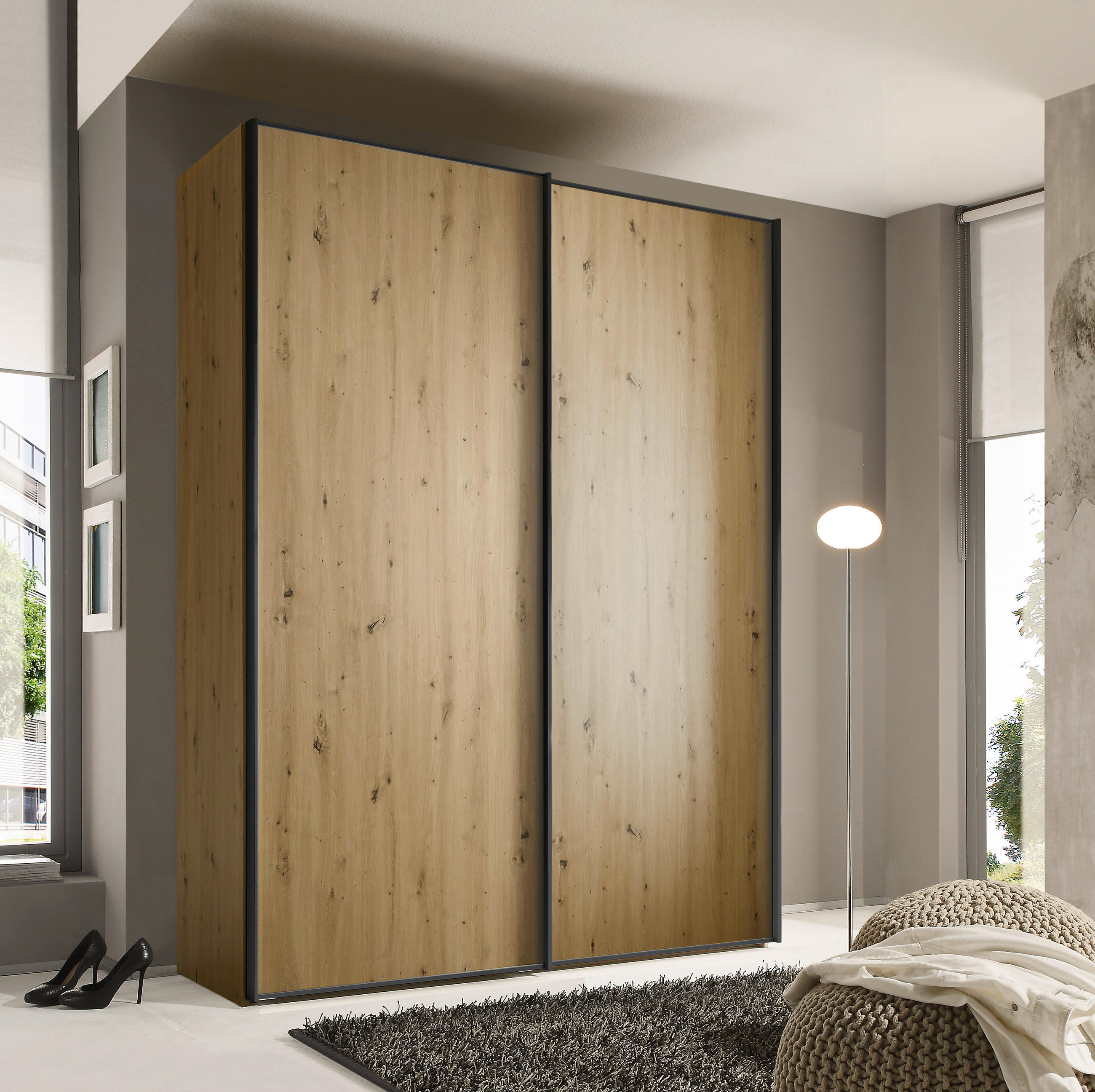 SCHWEBETÜRENSCHRANK in Eiche Artisan  - Graphitfarben/Eiche Artisan, Design, Holzwerkstoff/Metall (200/222/68cm) - Moderano