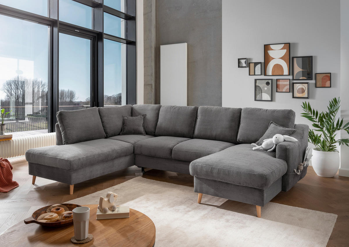 WOHNLANDSCHAFT Cord Grau  - Naturfarben/Grau, Konventionell, Holz/Textil (200/301/150cm) - P & B