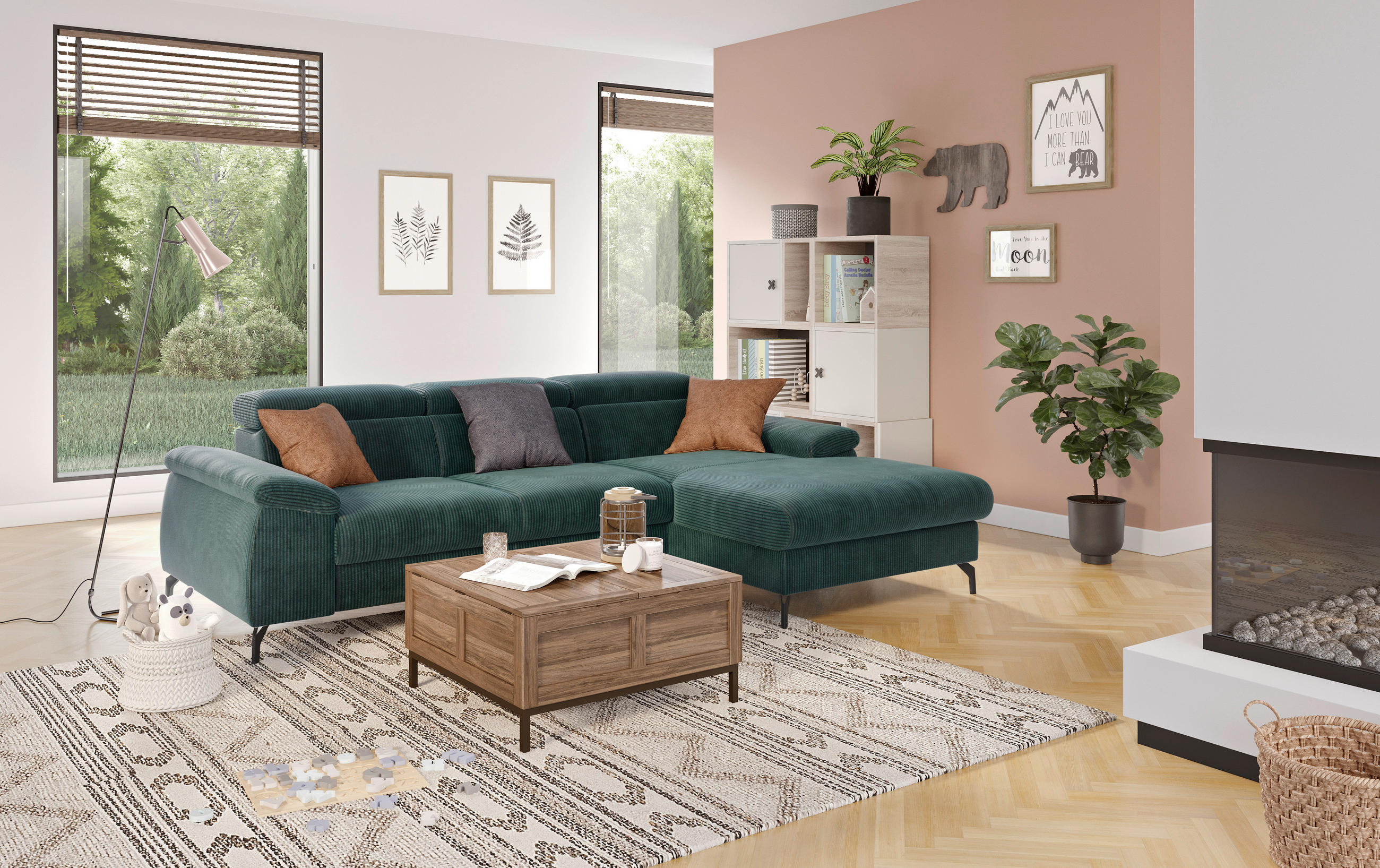 ECKSOFA in Cord Petrol  - Petrol/Schwarz, Design, Textil/Metall (244/166cm) - Livetastic