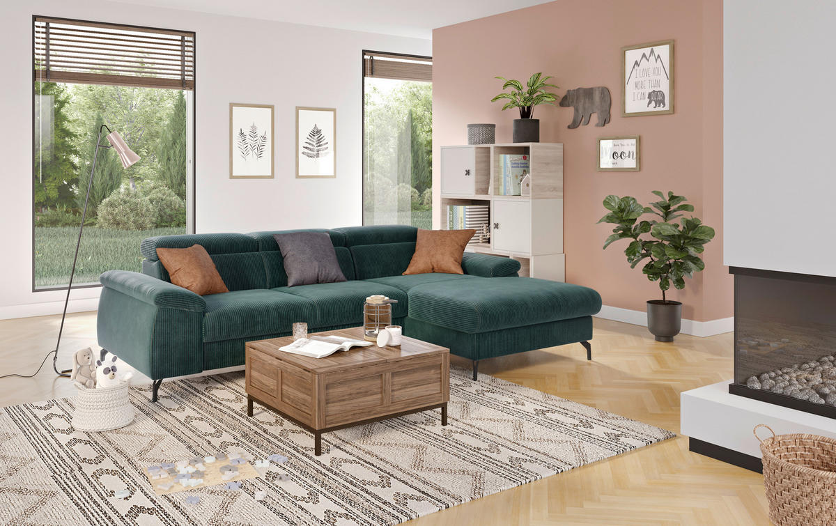 ECKSOFA in Cord Petrol  - Petrol/Schwarz, Design, Textil/Metall (244/166cm) - Livetastic
