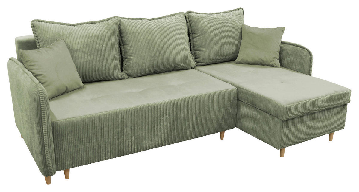 ECKSOFA TEDDY Mintgrün Cord, Bouclé Zierkissen, Rückenkissen, Bettkasten  - Naturfarben/Mintgrün, Design, Holz/Textil (215/142cm) - MID.YOU