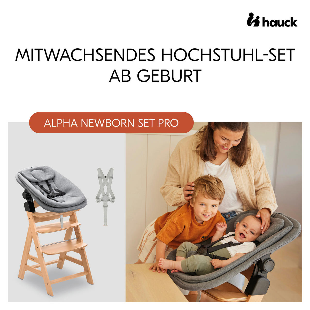 KOMBIHOCHSTUHL Alpha Newborn Set Pro  - Hellbraun/Hellgrau, Basics, Holz/Textil (50/103,5/67cm) - Hauck