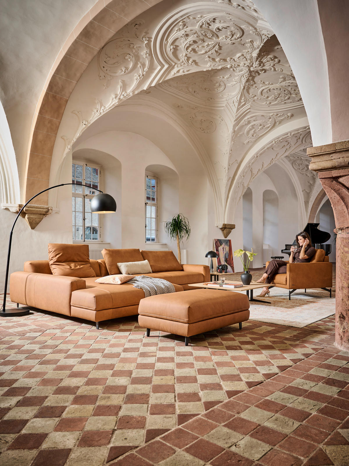 ECKSOFA in Echtleder Hellbraun  - Hellbraun/Anthrazit, Design, Leder/Metall (225/355cm) - Johann Jakob