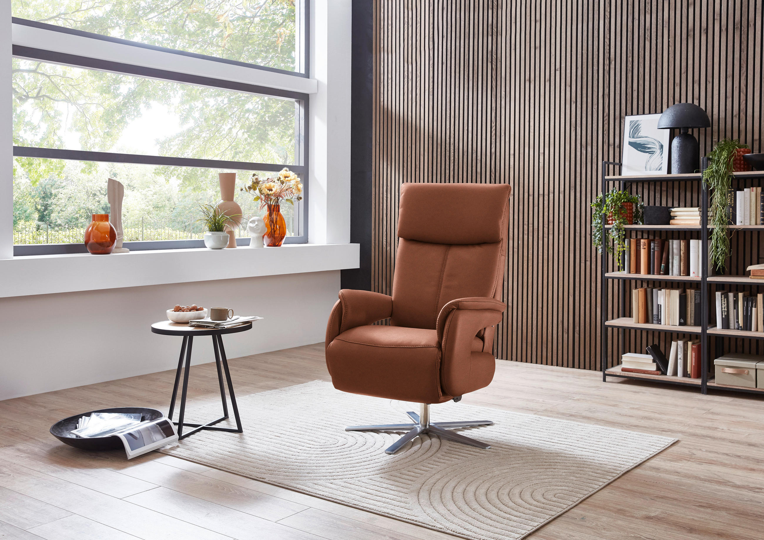 RELAXSESSEL in Leder Cognac  - Edelstahlfarben/Cognac, Design, Leder/Metall (70/124/85cm) - Cantus
