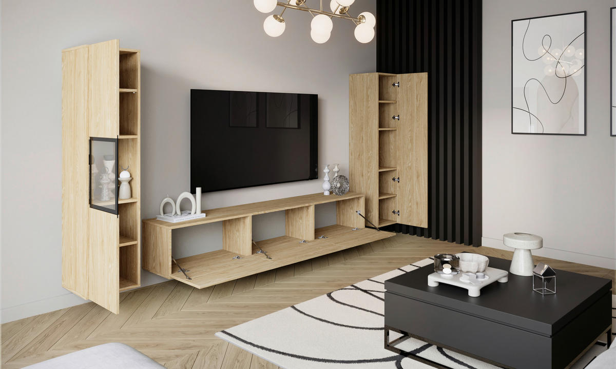 WOHNWAND Berlin 3-teilig  in Eichefarben  240/130/31 cm   - Eichefarben/Grau, Design, Glas/Holzwerkstoff (240/130/31cm) - P & B