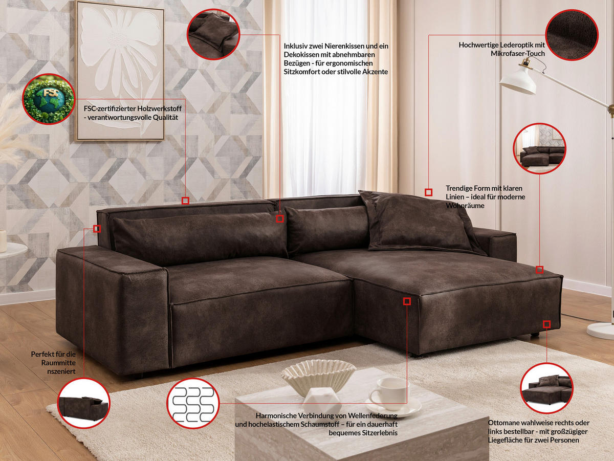 ECKSOFA Curduroy in Lederlook Dunkelbraun Rückenkissen  251/142 cm  - Dunkelbraun/Schwarz, Design, Kunststoff/Textil (251/142cm) - P & B
