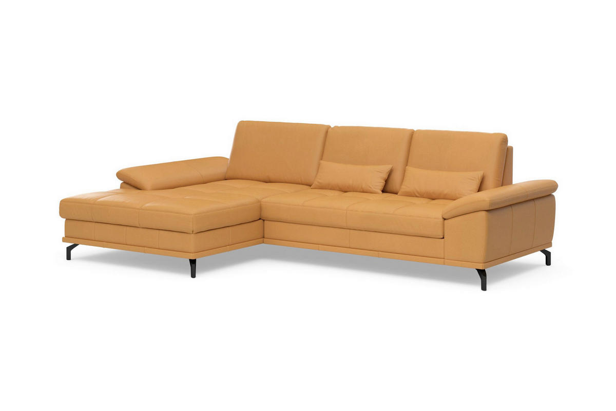 ECKSOFA COSTELLO E Currygelb Echtleder Nierenkissen, Armteilverstellung, Sitztiefenverstellung  - Currygelb/Schwarz, Basics, Leder/Textil (176/301cm) - Sit & More