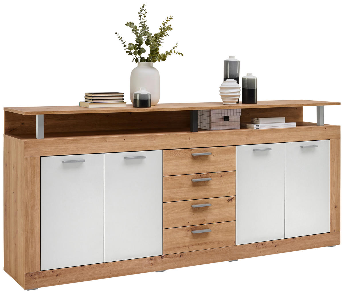 ŠIROKA KOMODA, hrast artisan, bela  - črna/bela, Basics, umetna masa/leseni material (195/88/38cm) - Xora