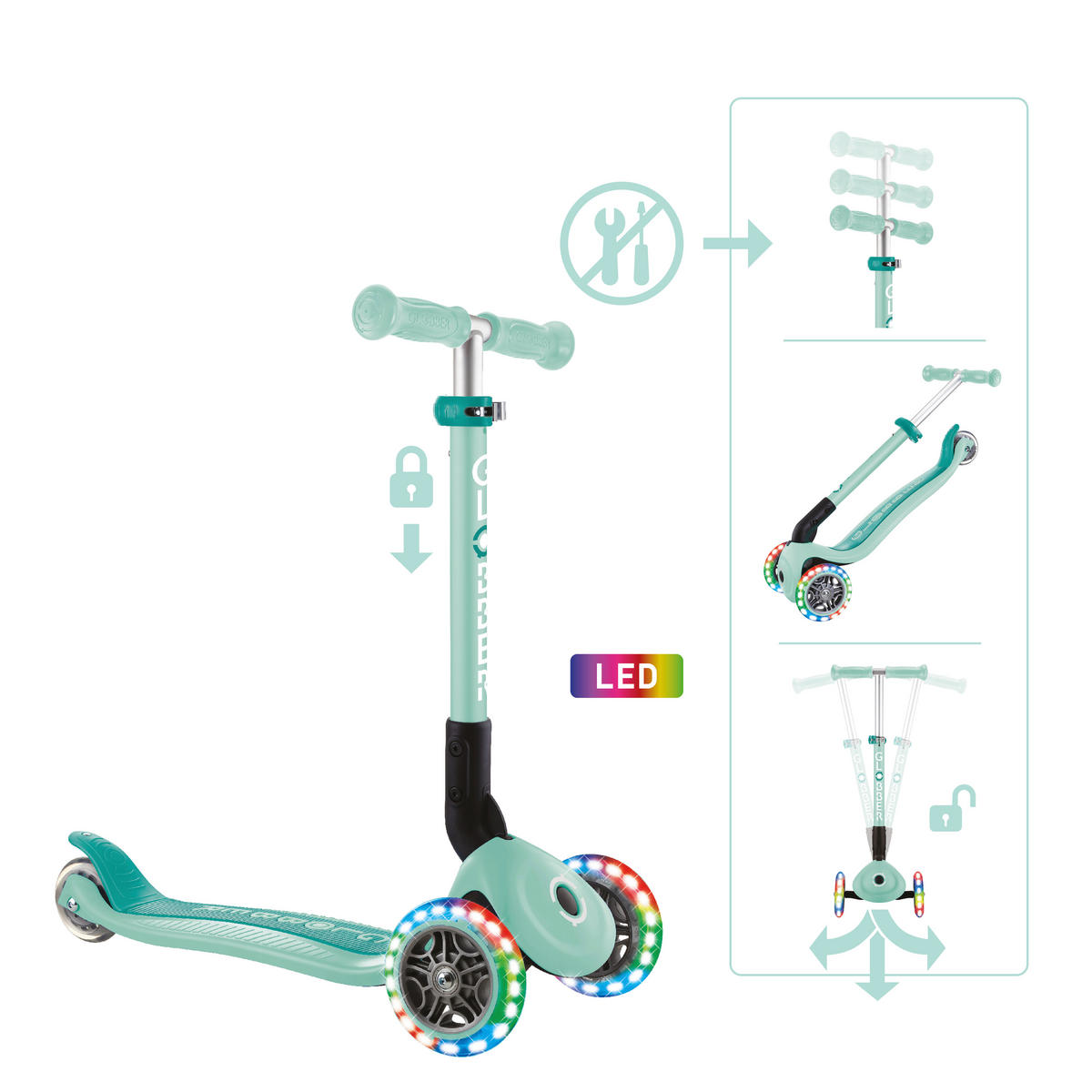 KINDERSCOOTER JUNIOR FOLDABLE LIGHTS  - Mintgrün, Basics, Kunststoff (56/28.6/68cm) - GLOBBER