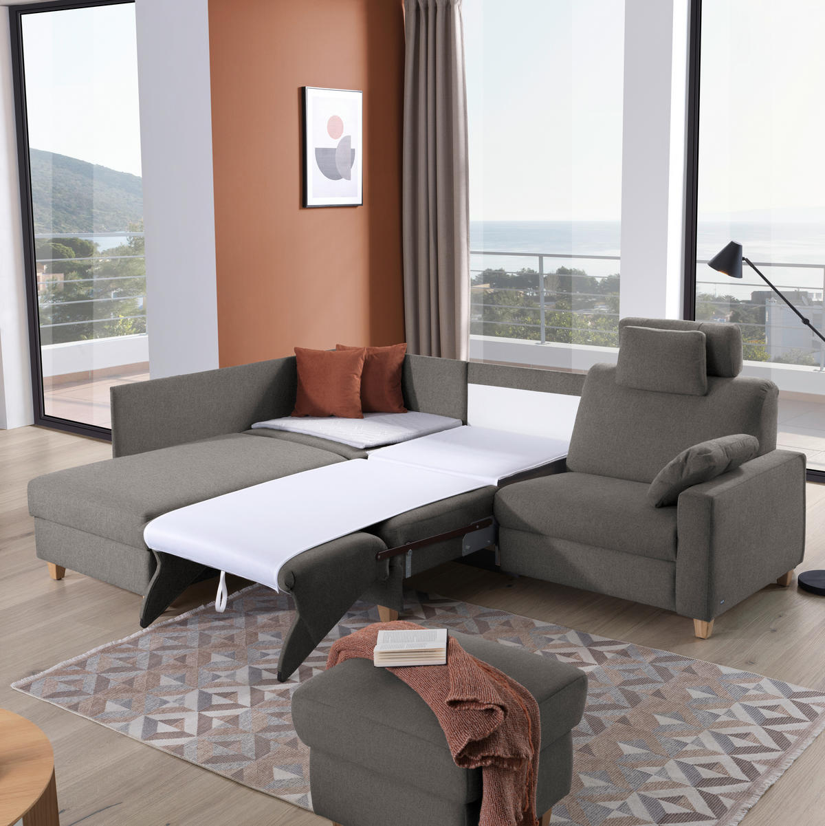 ECKSOFA in Flachgewebe Schlammfarben  203/261 cm  - Schlammfarben/Eichefarben, KONVENTIONELL, Holz/Textil (203/261cm) - Sedda