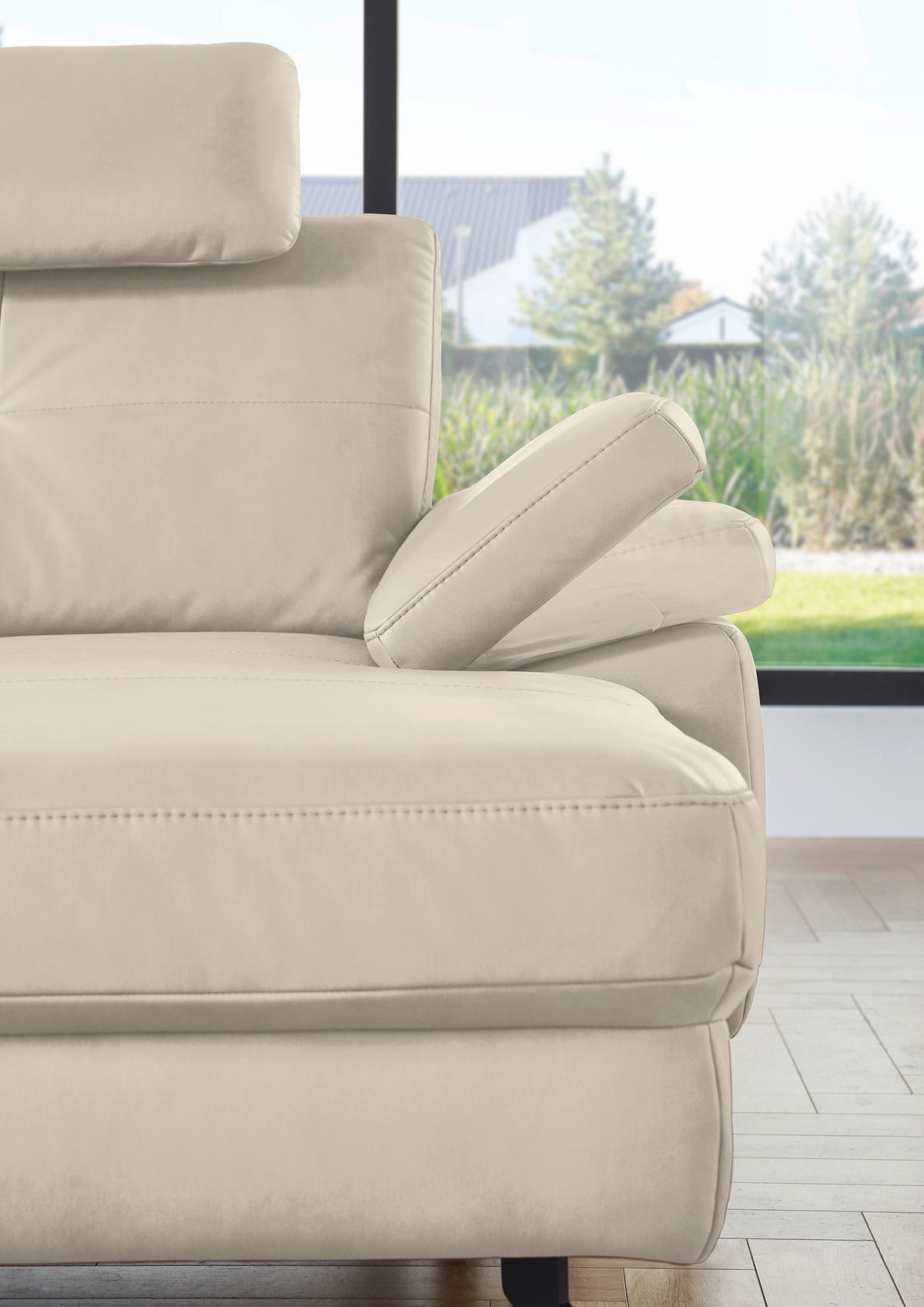 WOHNLANDSCHAFT in Lederlook, Mikrofaser Creme, Naturfarben  - Creme/Schwarz, Design, Textil/Metall (220/345cm) - Beldomo System