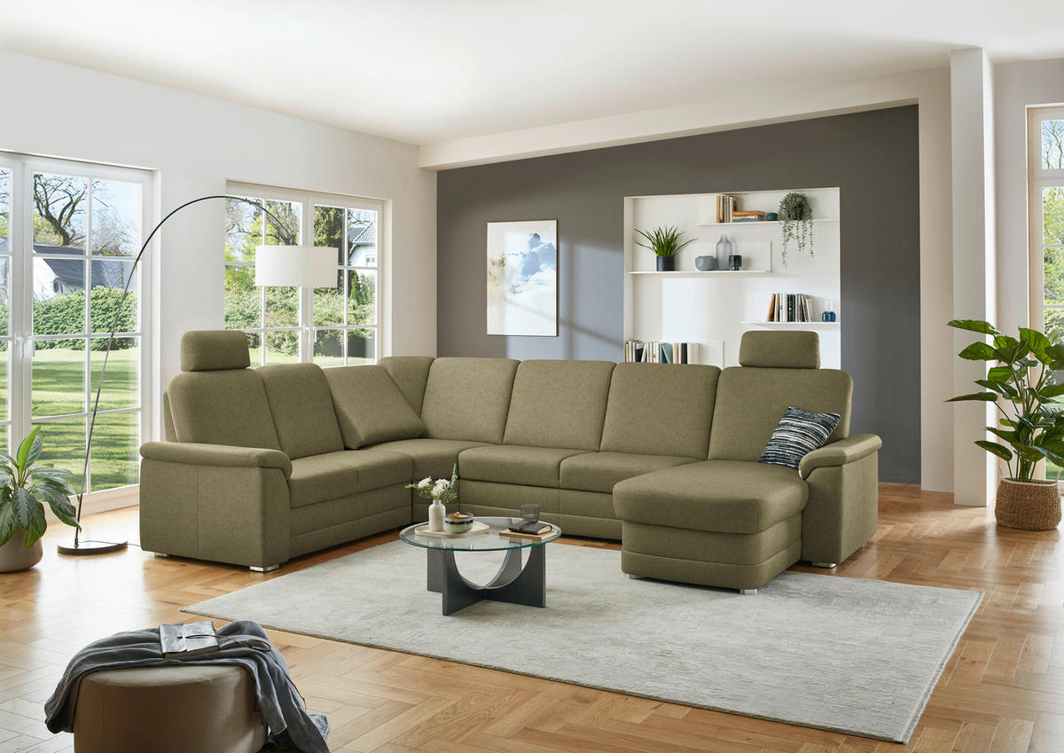 WOHNLANDSCHAFT  in Chenille Schilfgrün  - Schilfgrün/Alufarben, KONVENTIONELL, Holz/Textil (235/329/160cm) - Beldomo Comfort