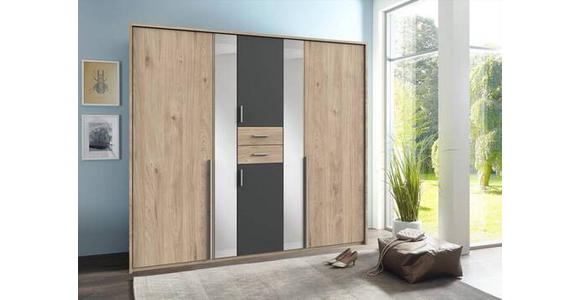 KLEIDERSCHRANK 225/208/58 cm 6-türig Graphitfarben, Eichefarben - Eichefarben/Alufarben, KONVENTIONELL, Glas/Holzwerkstoff (225/208/58cm) - Carryhome