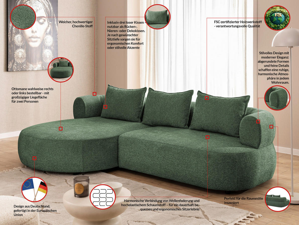 ECKSOFA in Chenille Grün  156/256 cm  - Schwarz/Grün, Design, Kunststoff/Textil (156/256cm) - Livetastic