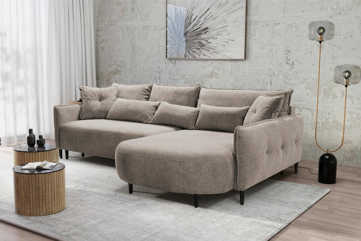 ECKSOFA in Chenille Taupe  - Taupe/Schwarz, Modern, Textil/Metall (285/200cm) - MID.YOU